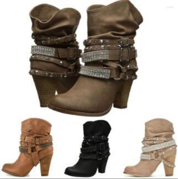 Stivali da donna Western Winter Mid Tube Knight Boot 2024 Lady Retro Roma Cintura con tacco alto Scarpe in pelle Vitello largo Cowboy Botas