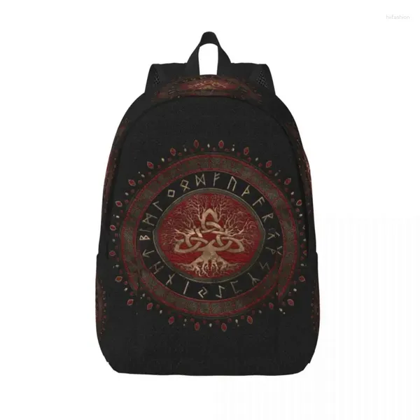 Aufbewahrungstaschen, Baum des Lebens mit Triquetra, schwarz, rotes Leder und Gold, Reise-Leinwand-Rucksack, Laptop, Büchertasche, Wikinger, nordischer Yggdrasil-Tagesrucksack