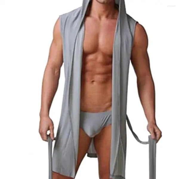 Мужская одежда для сна, мужской халат, однотонный халат без рукавов с капюшоном, приятная для кожи, сексуальная пижама Hombre, летнее платье для сна