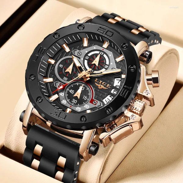 Armbanduhren LIGE Herrenuhr Luxus Wasserdichte Quarz-Armbanduhr Chronograph Leuchtdatum Sport Silikonuhr Großes Zifferblatt Mannuhren Box