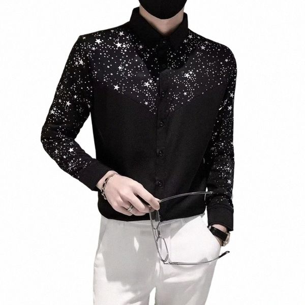 Camisa masculina Sequin Star Color Matching Lg Manga Single-breasted Patchwork Slim Fit Cardigan Turn-down Collar Soft respirável Mi p2IP #