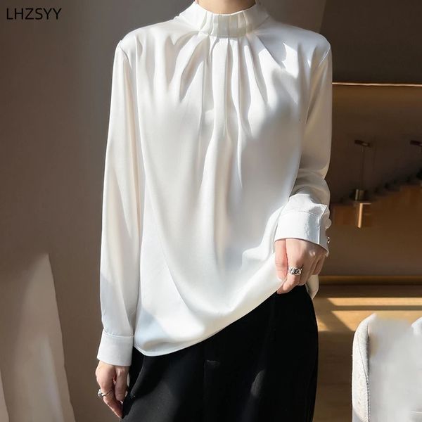 LHZSYY шелковая атласная рубашка женский пуловер модный Джокер топы с длинными рукавами весенние высокие свободные рубашки с воротником-стойкой 240328