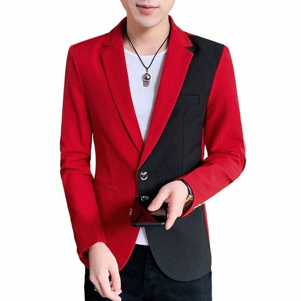 Erkekler Sıradan Blazer Kore Fi Giysileri Patchwork Ceket Erkek Yaz İnce Yakışıklı Giyim İnce Fit Kırmızı Beyaz Mavi I7BV#