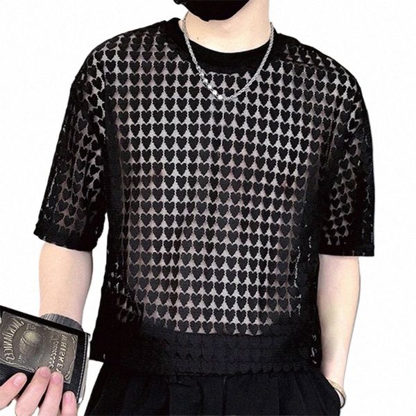 2023 Мужская футболка Сетчатая прозрачная однотонная с круглым вырезом с коротким рукавом Мужская одежда Свободная уличная одежда для вечеринок Fi Футболки INCERUN S-5XL g4KW #