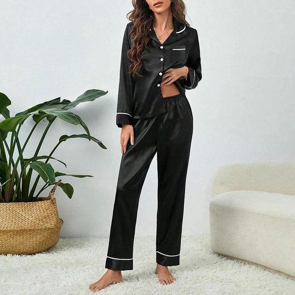 Casa roupas conjunto de pijama feminino manga longa topos com calças pijamas macios e confortáveis pijamas de seda cetim femme wear loungewear