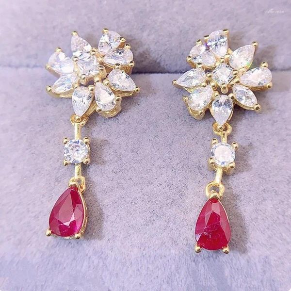Dangle Brincos Natural Real Red Ruby Drop Brinco Luxo Flor Estilo 4 6mm 0.45ct 2pcs Gemstone 925 Sterling Silver Fine Jewelry L24367