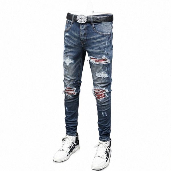 High Street Fi Jeans da uomo Retro Blue Elastic Stretch Skinny Jeans strappati Uomo Red Patched Designer Hip Hop Pantaloni di marca Hombre z5y9 #