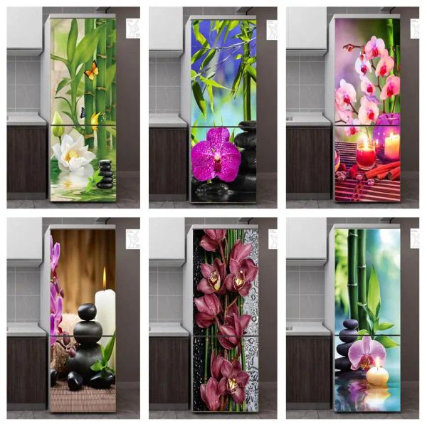 Adesivos de bambu borboleta orquídea papel de parede para geladeira autoadesivo à prova d' água sala de chá decoração porta adesivo geladeira decalque murais