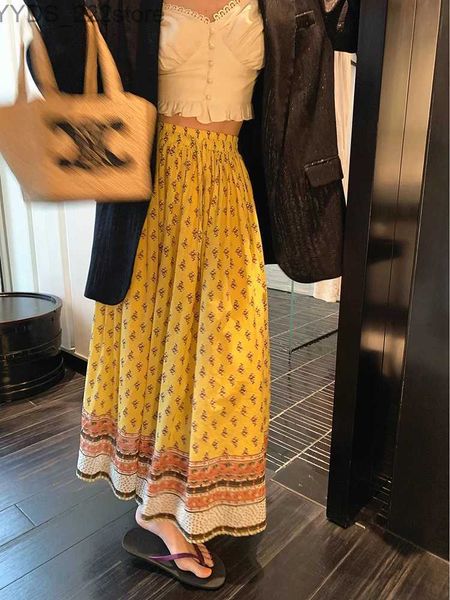 Gonne Gonna corta Vintage Fiore giallo Hippie Donna Spiaggia Bohomian Lunga A-line Allentata Maxi Gonna elastica in vita Belle ragazze universitarie yq240328