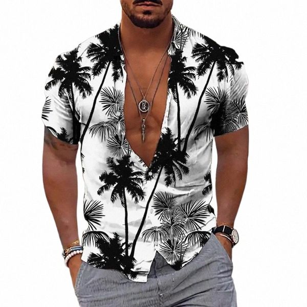 Camicia hawaiana da uomo Cocut Tree Stampa Aloha Colletto della camicia Butt Manica corta Abbigliamento maschile Spiaggia Casual Vacati Camicetta Top E4vV #