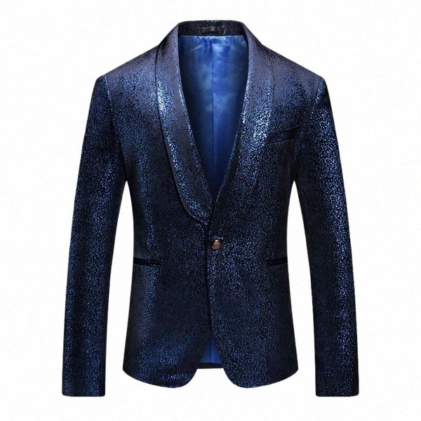 Shenrun Uomo Glossy Blazers Slim Casual Giacca Fi Wedding Sposo Smoking Scialle Risvolto Costume di scena Cantante ospite Musicista 254h #