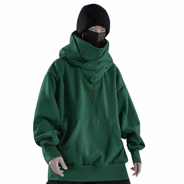 Erkekler y2k büyük boy hoodies balıkçı yaka kapşonlu harajuku sweatshirt bahar sonbahar hip hop ninja tarzı katı kazak üstleri sokak kıyafetleri o735#