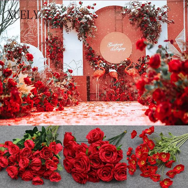 10 Teile/los Rote Serie Künstliche Blumen Material Burgund Hochzeit Straße Führen Hintergrund Wand Blumen Dekor Hause Gefälschte Blumenstrauß Arrangieren 240322