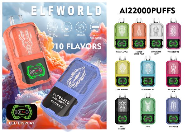 Original Elfworld Digital Box 22000 22K Puffs Vape 650MAH Зарядка 26 мл предварительно заполненной стручкой с аккумулятором и eJuice Display 15 вкуса 0% 2% 5% одноразовые E-сигареты