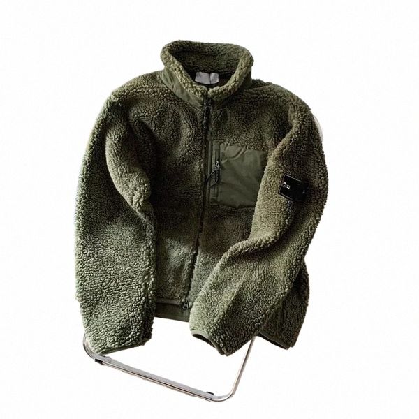 Retro Loose Fitting Lamb Fur Chest Pocket Zipper Badge LG Sleeved Jacket C5Cl #