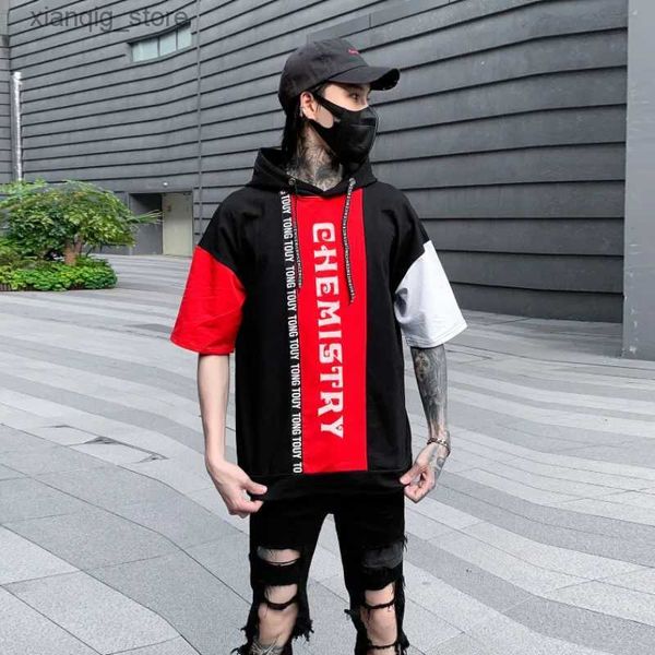 Männer T-Shirts 2023 Sommer Schwarz Rot Weiß Patchwork Hip Hop Kurzarm T-shirt Herren Casual Punk Mit Kapuze T-shirts straße Wear24328