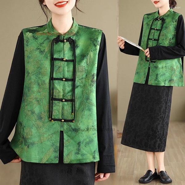 Roupas étnicas 2024 chinês vintage colete flor impressão tang terno tradicional gola hanfu tops nacional vento colete