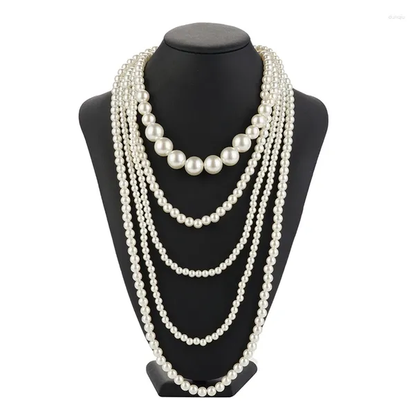 Catene Collana girocollo con perle imitazione vintage Art Decor Flapper per donna Catena maglione multistrato bianca