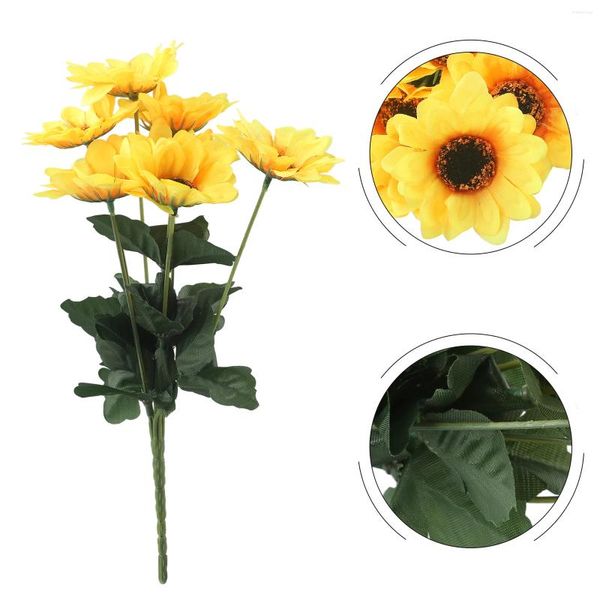 Flores decorativas flor falsa girassol artificial amarelo 7 cabeças buquê margaridas jardim festa de casamento decoração para casa folha