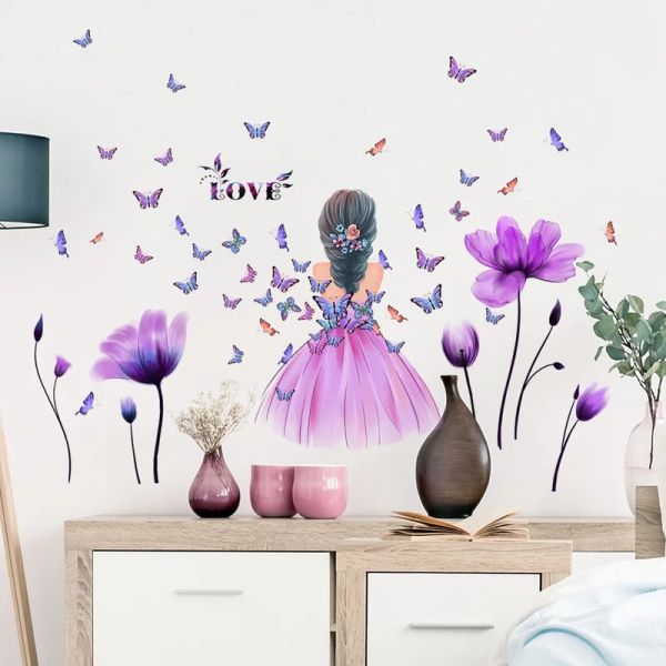 Aufkleber Tulpenmädchen-Wandaufkleber für Mädchenzimmer-Dekoration, Schmetterling, selbstklebende, entfernbare Vinyl-Wandaufkleber, Kinderzimmer-Hintergrund-Tapete
