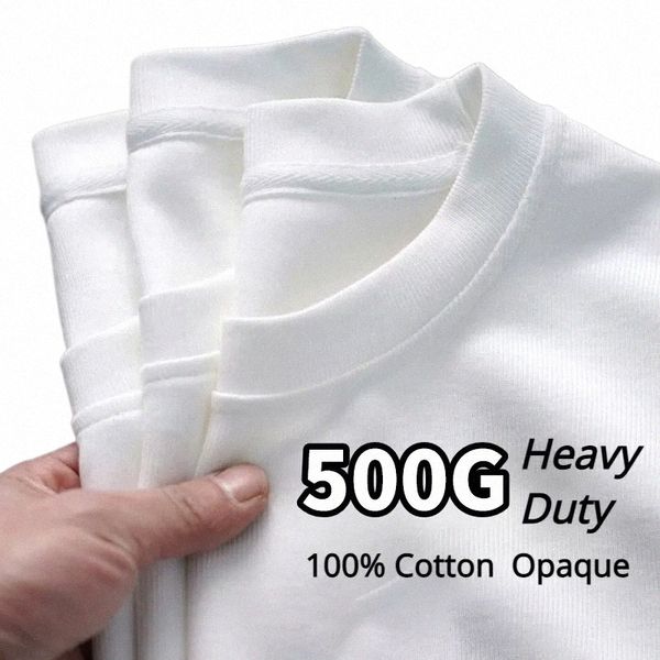 gsm 300/500g Heavy-duty Cott T-shirt Engrossado Preto Branco Rosca Em Torno Do Pescoço Mangas Curtas Três Agulha Meia Manga Tees 82Yc #