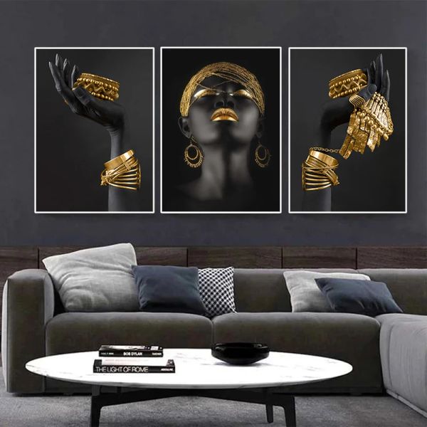 Schroevendraaiers Donna africana Arte della parete Pittura Poster e stampe d'arte Grande donna nera con gioielli in oro Immagine su tela Decorazione della casa Regalo
