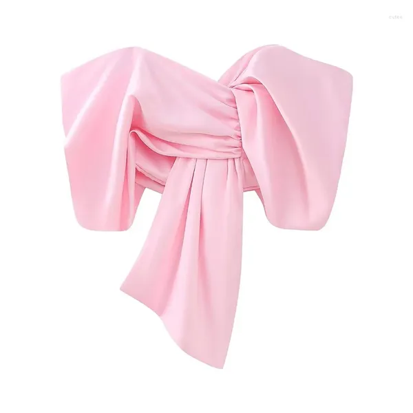 Damenblusen, elegantes rosa Satin-Oberteil, sexy schulterfrei, rückenfrei, plissiert, Damen-Party-Hemden, 2024, Frühling, Sommer, Straße, Schleife, Schnürung, Ernte