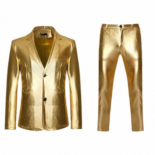 Abiti da uomo in oro lucido 2 pezzi Blazer + pantaloni Terno Masculino Fi Party DJ Club Dr Tuxedo Suit Uomo Stage Cantante Abiti A2oN #
