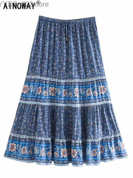 Gonne Skorts Vintage Chic Hippie Donna Stampata floreale Vita alta elastica Spiaggia Gonna bohémien Donna Rayon Cotone A-Line Boho Midi yq240328