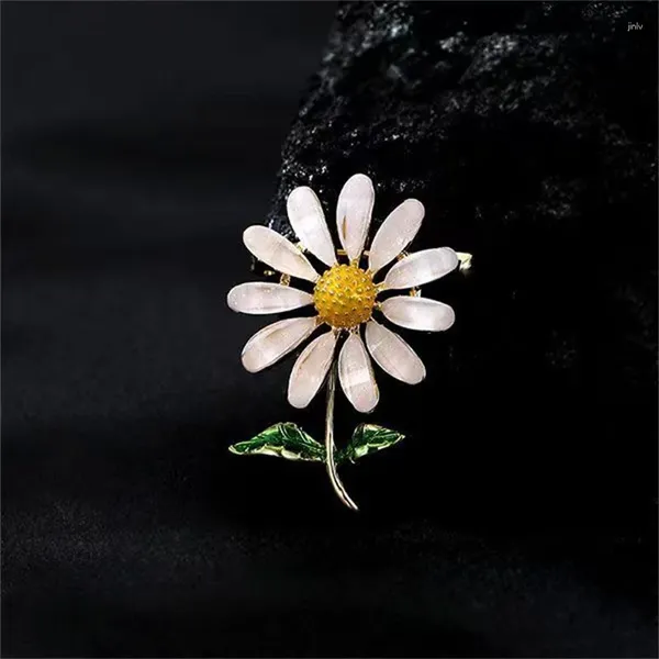 Broches esmalte margarida flor para mulheres brilhante zircão lapela pinos moda elegante floral emblema jóias de casamento
