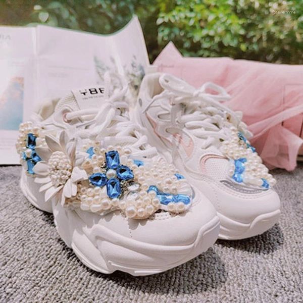 Freizeitschuhe Mädchen Blumen Blau Strass S Design Schöne Süße 5cm Plattform Erhöhung Hohe Weiße Turnschuhe Dame Schöner Schuh