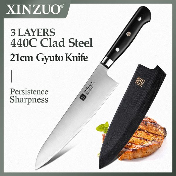 Lapidi Xinzuo 210mm Coltello da chef Coltelli da cucina in acciaio rivestito con nucleo 440c a 3 strati Coltello da macellaio affilato in acciaio inossidabile Gyutou con manico G10