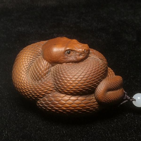 Esculturas de comprimento 6 cm, buxo chinês antigo esculpido à mão, figura de cobra vívida, estátua, decoração, coleção de presente netsuke