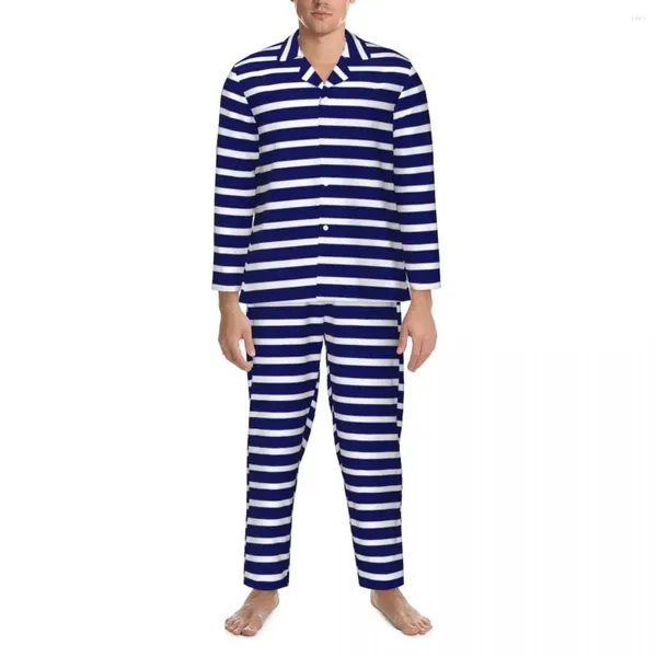 Abbigliamento per la casa Indumenti da notte a righe bianche blu Autunno Estate Motivo a strisce nautiche Set pigiama oversize retrò Indumenti da notte quotidiani alla moda da uomo