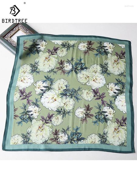 Lenços Birdtree Real Silk Square Scarf Flor Impressão Literária Retro Confortável Presente Macio da Mãe 2024 Primavera A41414QD