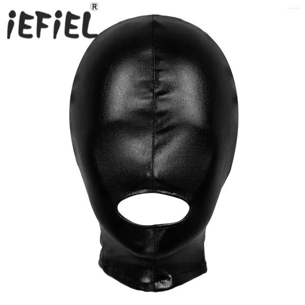 Party Supplies Latex-Gesichtsmaske für Herren und Damen, Cosplay-Kostüm-Set, glänzend, metallisch, offener Mund, Loch, Kopfbedeckung, volle Kapuze, Rollenspiel