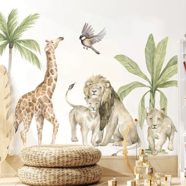 Наклейки в стиле бохо, большой африканский лев, жираф, дикие животные, тропическое дерево, акварель, стикер на стену, детские наклейки на стены, детская комната для мальчиков, домашний декор
