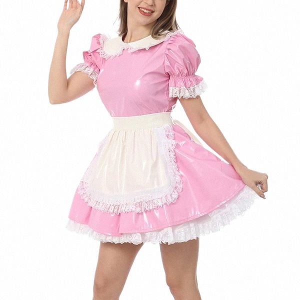 Party Puff Kurzarm Plissee Maid Dr mit Apr Shiny PVC Leder Halen Cosplay Maid Uniform Sissy Exotische Maid Outfits E0JM #