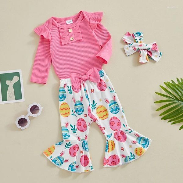 Kleidungssets FOCUSNORM 0–18 Monate schöne Baby-Mädchen-Ostern-Kleidungs-Outfits, gerippter Strick-Langarm-Strampler, Ohren-Eier-Druck, Schlaghosen