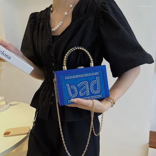 Sacos de noite Vintage Azul Mulheres Caixa Saco de Embreagem Senhoras Rebite Design Cadeia Bolsa Casamento Feminino Ombro e Bolsa