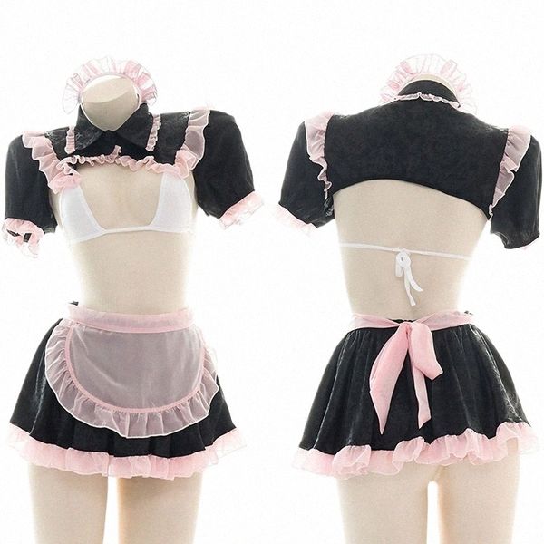 Anime Girl Maid Uniform Costume Marinaio Pigiama Lingerie Outfit Cosplay Hollow Cute Pink Maid Gioco di ruolo Due pezzi Set Donna o6Ed #