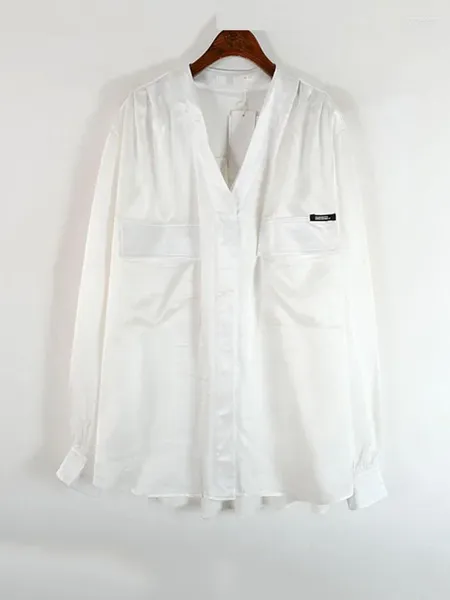 Blusas femininas Xitao drapeado camisa de retalhos mulheres na moda estilo v pescoço colarinho manga longa bolso elegante único breasted topo zy5106