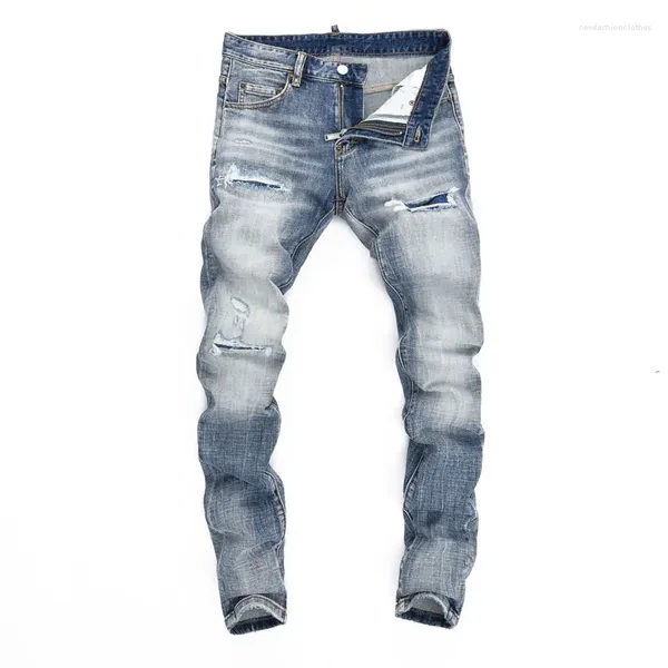 Мужские джинсы Уличная мода Мужские ретро-стиранные светло-голубые эластичные зауженные брюки с рваными заплатками Дизайнерские брендовые брюки в стиле хип-хоп Hombre