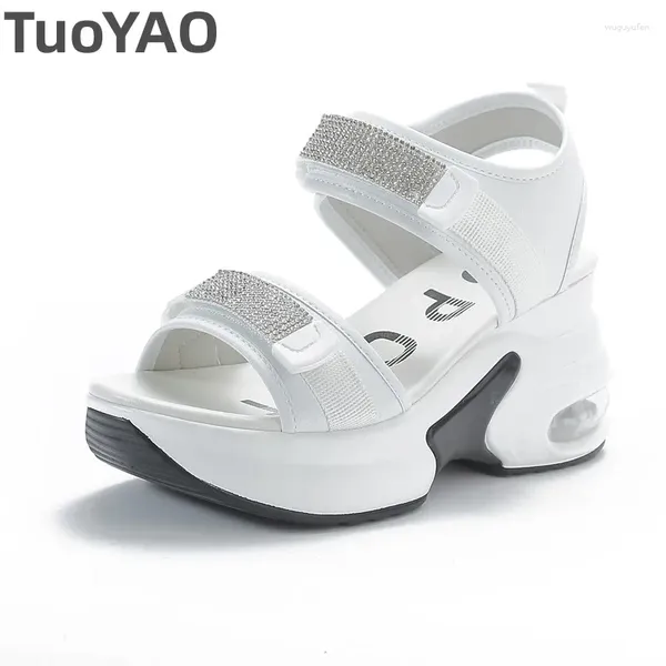 Sapatos de vestido 8cm sandálias respirável chinelos oco verão strass branco couro genuíno mulheres chunky sneakers plataforma cunha