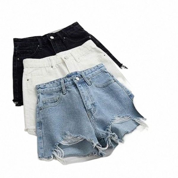 coreano Fi Pantaloncini estivi Donna Foro a vita alta Jeans corti Sbavature Donna Costruisci una parola Pantaloni corti a gamba larga strappati Streetwear X9oA #