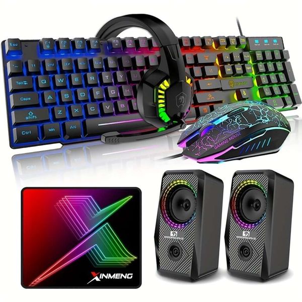 Tastiera da gioco cablata Mouse Cuffie e altoparlante Combo con retroilluminazione multipla RGB Microfono ergonomico regolabile a 104 tasti Mouse 2400 DPI Tappetino per mouse grande impermeabile per PC