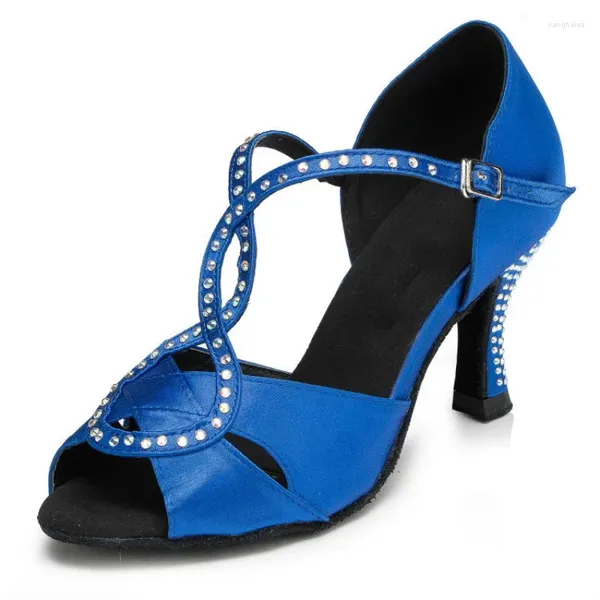 Танцевальная обувь, женские атласные сандалии со стразами для латинских бальных танцев, сандалии на высоком каблуке синего, черного цвета