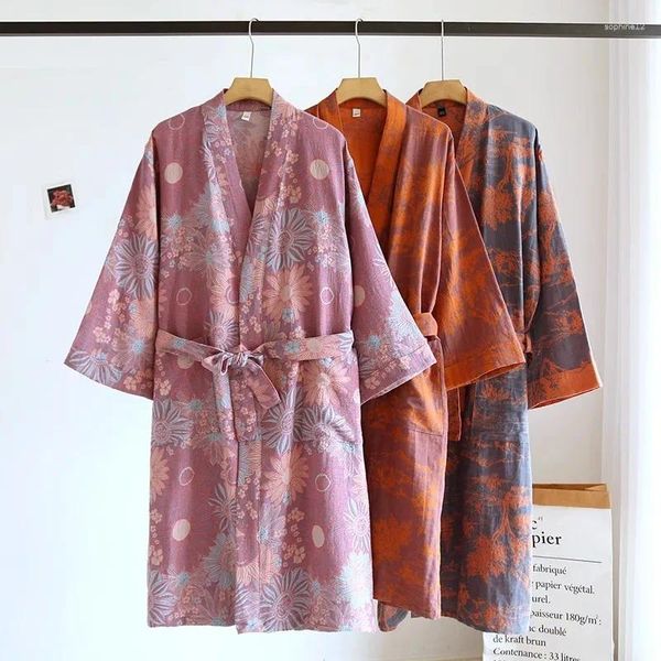 Casa roupas femininas impresso algodão solto roupão estilo japonês quimono com cinto suor vapor pijamas roupões femininos