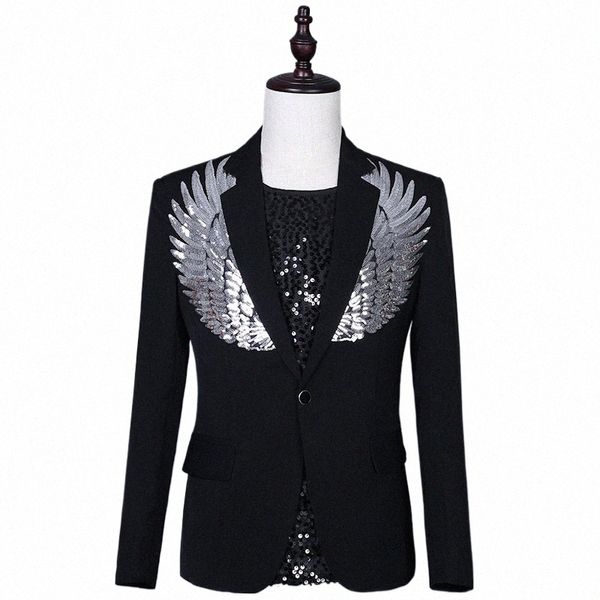 Casual Herrenanzug Jacke Schwarz Weiß Sänger Bühne Kleidung Mehrfarbige Pailletten Flügel Dr Anzug Mantel Single Butt Männliche Blazer i65W #