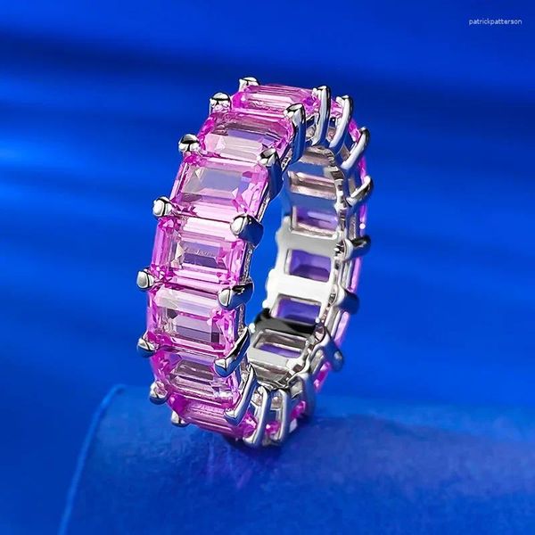 Anelli a grappolo Eternity Anello con diamante rosa taglio smeraldo Anello in vero argento sterling 925 con fascia nuziale per donna Uomo Gioielli di fidanzamento